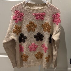 Floral Patterned Crew Neck Sweater - Cream, Pink, Brown, Black
